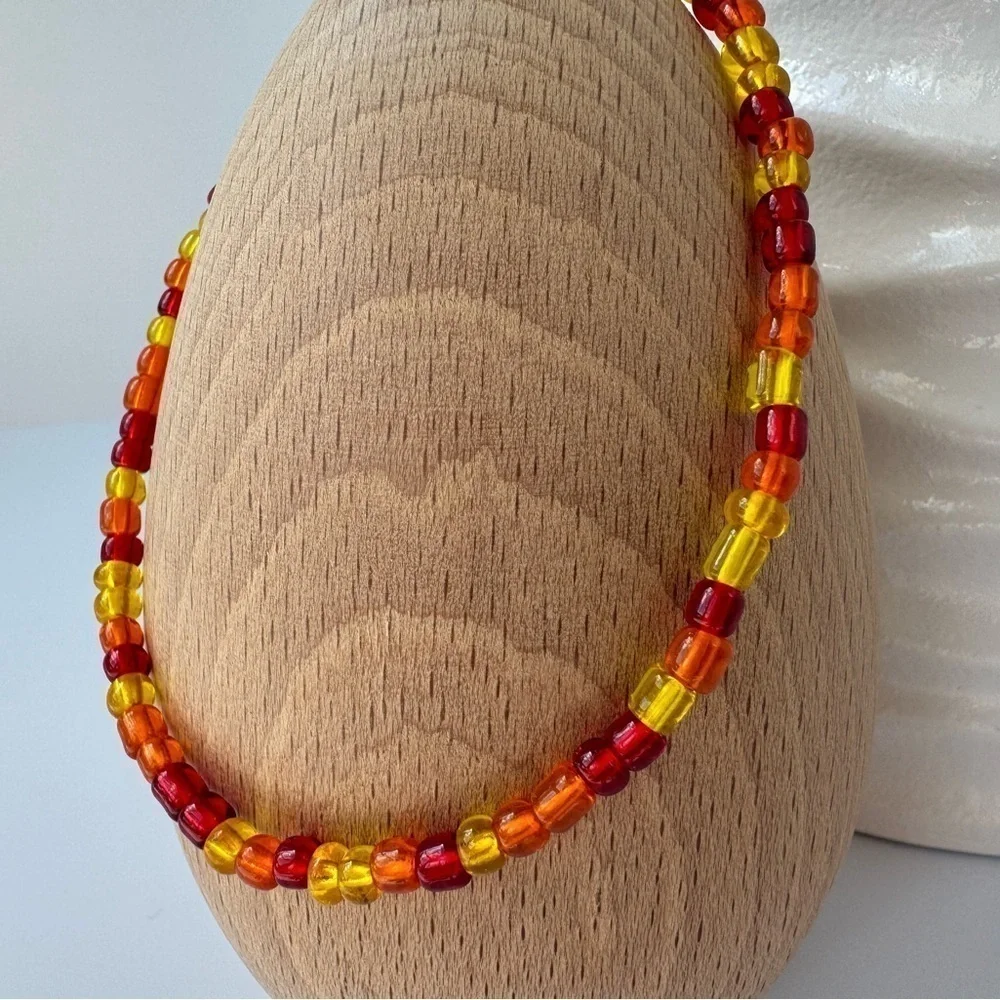 Stretch Beaded Anklet in Red Yellow & Orange   Size 9”